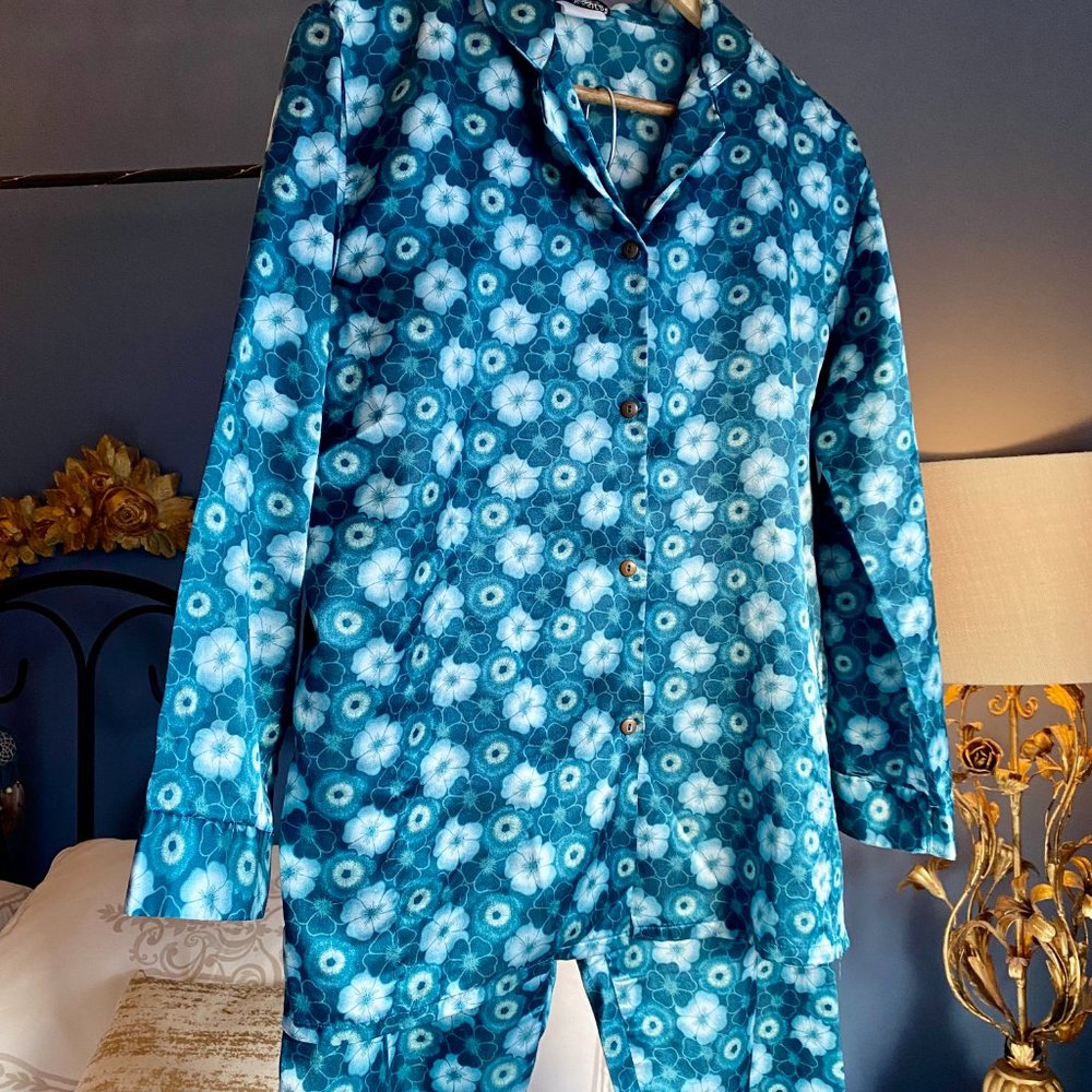 Teal Turquoise Jessica Floral Blossom Satin Pajamas